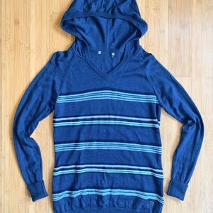 Smartwool Womens Sz S Blue South Rim Striped Merino Wool Pullover Hooded Sweater